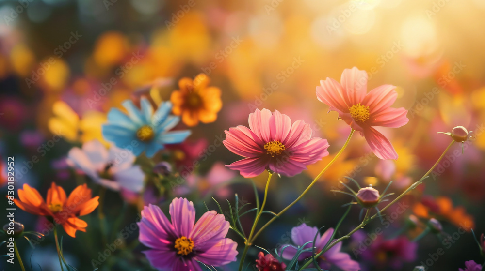 Colorful cosmos flowers in garden, blurred background, sunlight and shadow. Background of colorful wildflowers blooming on meadow or field. springtime nature landscape with colorful wild flower Colorful cosmos flowers in garden, blurred background, sunlight and shadow. Background of colorful wildflowers blooming on meadow or field. springtime nature landscape with colorful wild flower