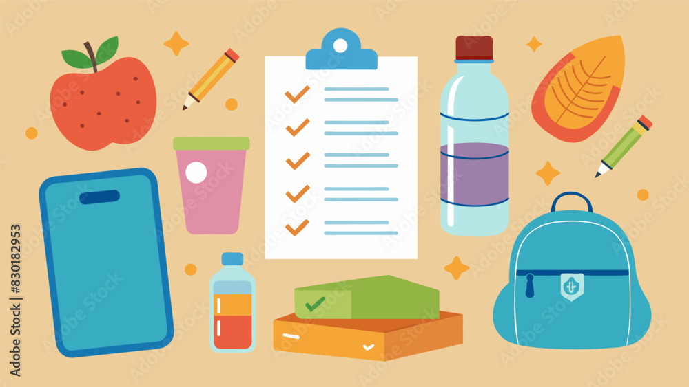 In neat handwriting a child marks off water bottles lunch boxes and backpacks on their list of necessary school supplies.. Vector illustration In neat handwriting a child marks off water bottles lunch boxes and backpacks on their list of necessary school supplies.. Vector illustration