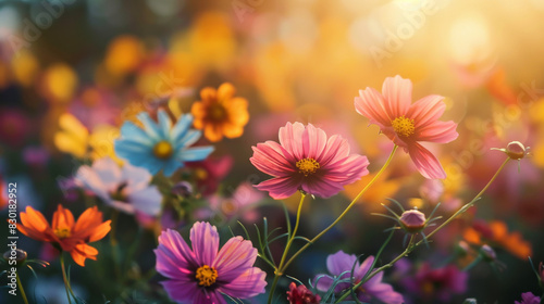 Colorful cosmos flowers in garden, blurred background, sunlight and shadow. Background of colorful wildflowers blooming on meadow or field. springtime nature landscape with colorful wild flower