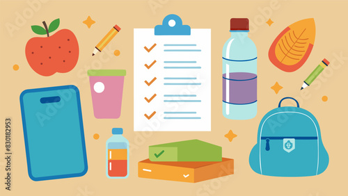 In neat handwriting a child marks off water bottles lunch boxes and backpacks on their list of necessary school supplies.. Vector illustration