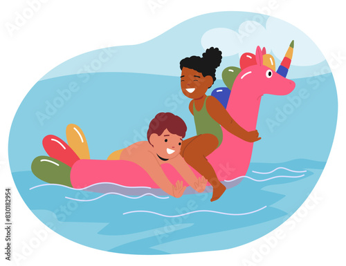 joyful children boy and girl float on colorful inflatable ring in pool. Kids smiling and ride a pink unicorn ring