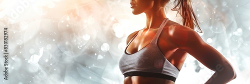 a woman in a sports bra top is standing in front of a bright background photo