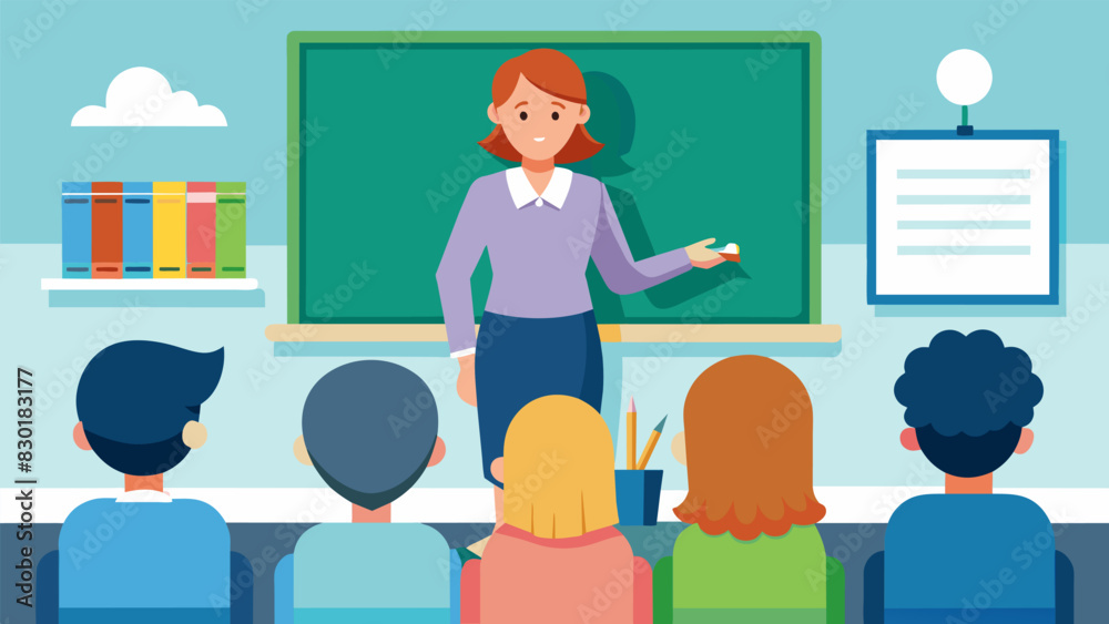 A photo of a teacher giving a lecture in front of a whiteboard captured from the perspective of a student in the classroom.. Vector illustration A photo of a teacher giving a lecture in front of a whiteboard captured from the perspective of a student in the classroom.. Vector illustration