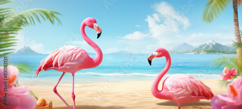 Pink flamingos on the beach with palm trees and ocean in the background