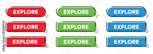 Explore Button with Click cursor. Modern Simple web action button with click cursor or arrow pointer vector illustration set