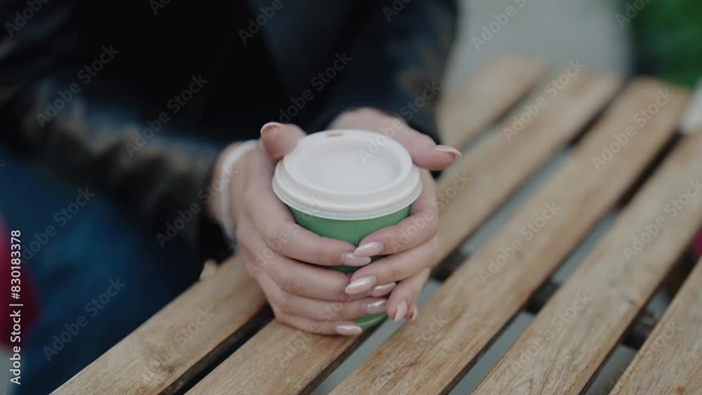 Close-up shot of hands holding a green coffee cup with a lid while sitting at an outdoor cafe table. Close-up of Hands Holding Coffee Cup at Outdoor Cafe