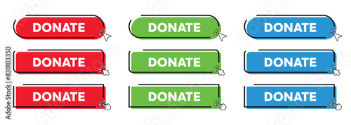 Donate Button with Click cursor. Modern Simple web action button with click cursor or arrow pointer vector illustration set