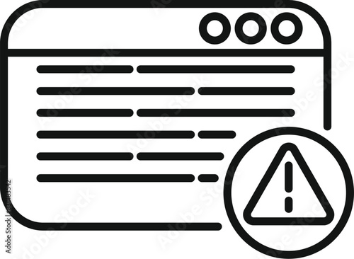 Illustration of a website error icon with alert symbol and warning message in a browser. Digital vector line art illustration for webpage issue. Internet problem