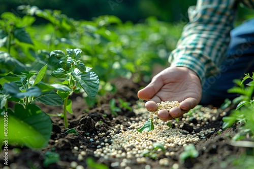 Close-up photo of an Asian farmer inspecting non GMO seeds in hand at field.