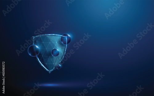 Abstract blue drops of water in front of  blue futuristic guard shield. Water resistance concept. Low poly style. Geometric background. Wireframe light connection structure. Modern 3d graphic. Vector