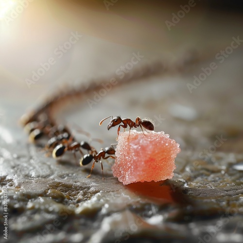 macro photo of a line of ants surrounding a piece of candy Job ID: a3e74898-b941-4e94-9bd5-32bbfe8b5050 photo