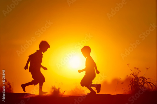 Wallpaper Mural Deux enfants qui jouent en silhouette au coucher du soleil, lumière orange et dorée.  Torontodigital.ca