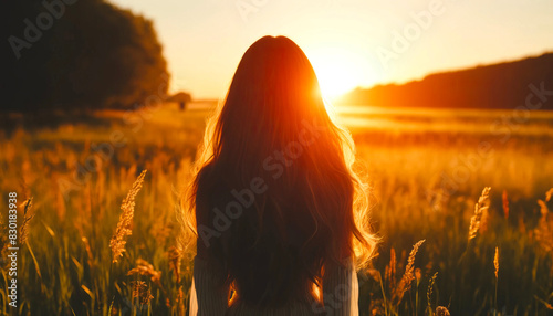 La silhouette d'une jeune et jolie femme aux cheveux longs  de dos faisant face à un coucher de soleil chaud et coloré.  photo