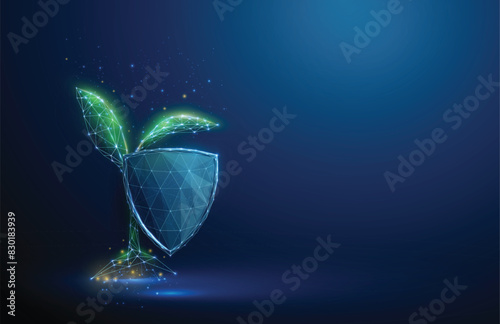 Abstract green growing plant behind the guard shield. Nature protection and smart farming concept. Low poly style. Blue geometric background. Wireframe light tructure. 3d graphic. Vector