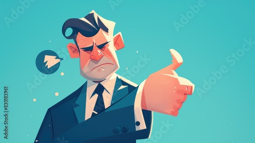 Illustration of a businessman or man expressing disapproval with a thumbs down gesture conveying negative emotions or ratings in a lively cartoon style