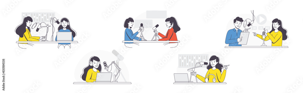 Podcast Recording with Young Man and Woman with Microphone Broadcasting and Live Streaming Outline Vector Set