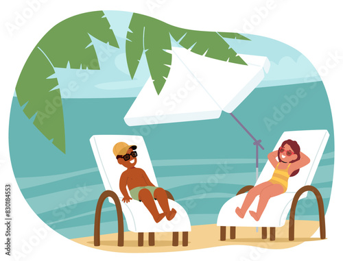 Young Girl In A Yellow Swimsuit And A Boy In A Cap And Sunglasses Relax On White Beach Loungers. Shielded By Umbrella