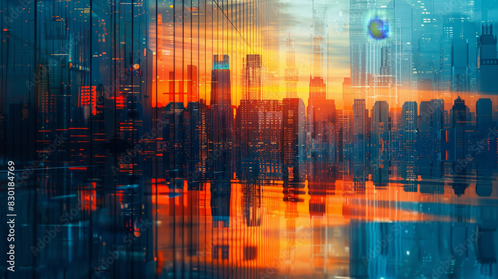 Abstract business background with a modern city skyline in blue and orange colors, reflection on a glass surface. Landscape of skyscrapers at sunset with space