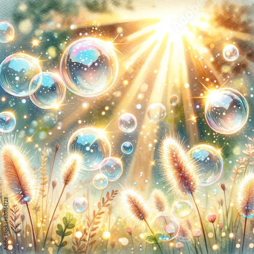 Aquarelle 
Illustration pour livre enfant conte ou histoire. Bulles de savon avec soleil et rayons lumineux au dessus d'un champ de blé.  photo