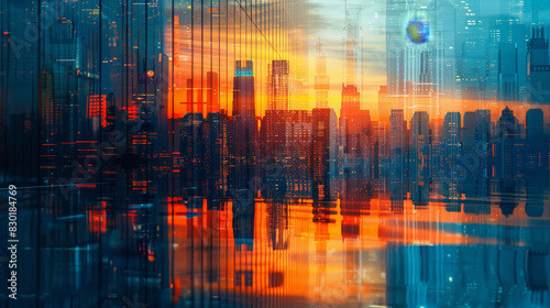 Abstract business background with a modern city skyline in blue and orange colors  reflection on a glass surface. Landscape of skyscrapers at sunset with space
