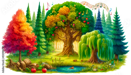Aquarelle d'une forêt enchantée pour enfants. 
Illustration pour livre enfant conte ou histoire. photo
