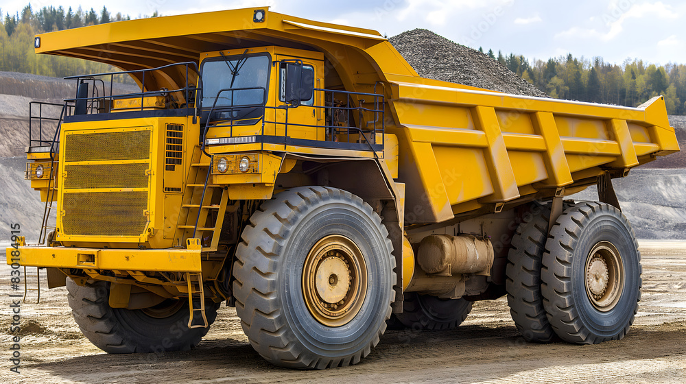 Giant yellow dump truck in open mine Giant yellow dump truck in open mine