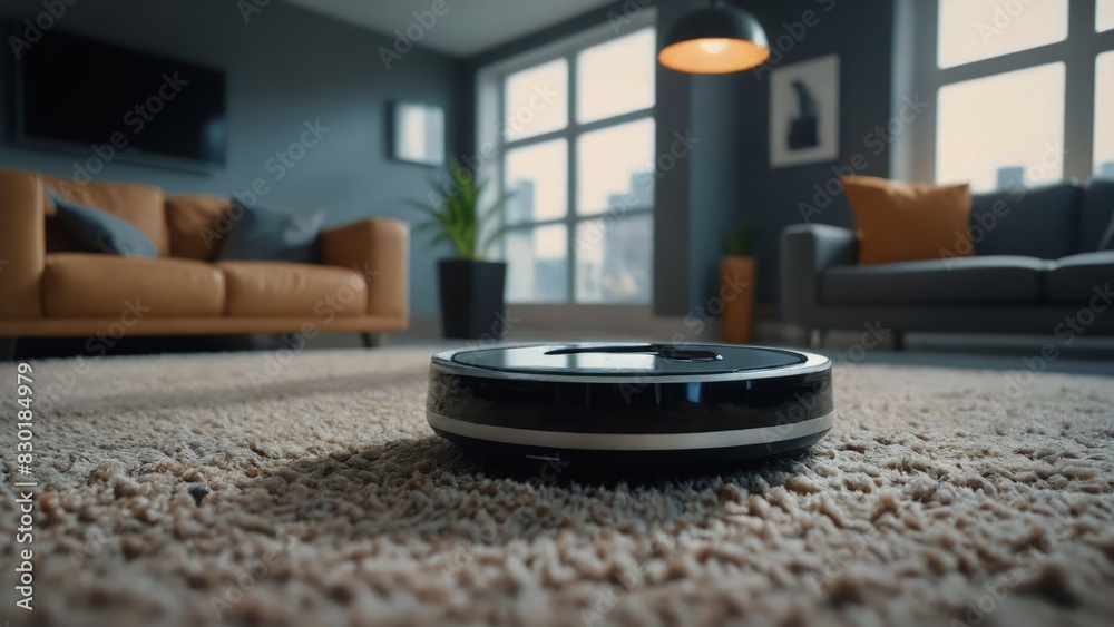 Automated vacuum robot cleaning a modern living room with cozy furniture, large windows, and a clean, carpeted floor in the morning sunlight. Automated vacuum robot cleaning a modern living room with cozy furniture, large windows, and a clean, carpeted floor in the morning sunlight.