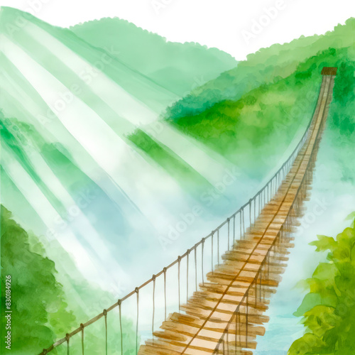 Aquarelle couleur pont suspendu en bois qui traverse un ravin et la forêt.
Illustration pour livre enfant conte ou histoire.