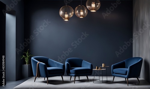 Living room or business lounge in deep dark colors with blue navy and gray furniture, empty wall mockup with black paint and decorative wood, luxury interior design reception room, 3D render