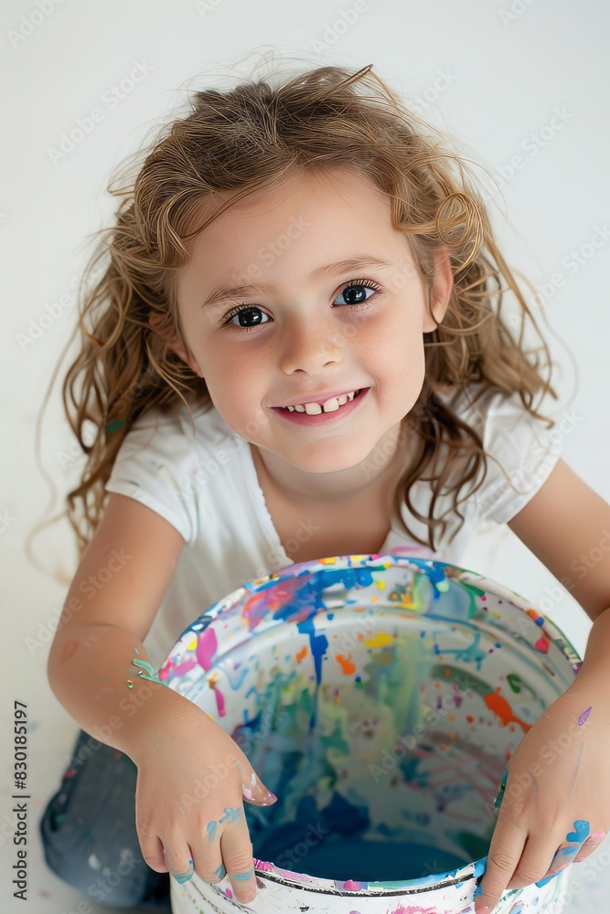 A child paints. Paint on the girl's hands. Little girl shows her hands. A child paints. Paint on the girl's hands. Little girl shows her hands.