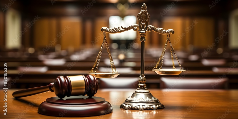 Symbolism of Justice in a Courtroom: Wooden Gavel and Scales. Concept Legal System, Courtroom Symbolism, Gavel Representation, Scales of Justice, Symbolic Meaning