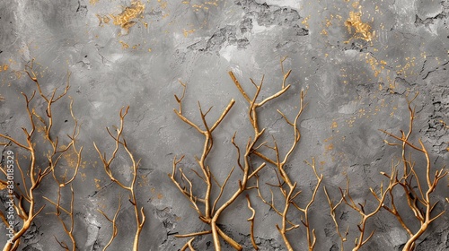 Old wooden branches on the background of a plastered wall, crystal.