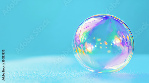 An iridescent orb, Bubble shimmering with iridescent colors float against a blue backdrop. Spherical and translucent, their surfaces reflect subtle rainbow hues