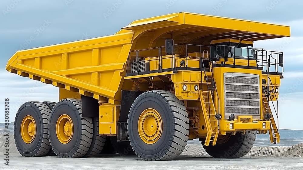 Large yellow mining dump truck in quarry