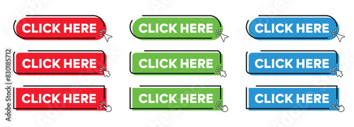 Click Here Button with Click cursor. Modern Simple web action button with click cursor or arrow pointer vector illustration set