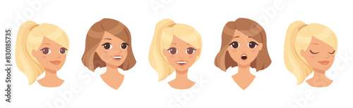 Pretty Woman Character with Face Reaction Vector Set