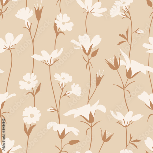 Floral Seamless vector pattern with trailing elegant white flower vines on warm beige, textile