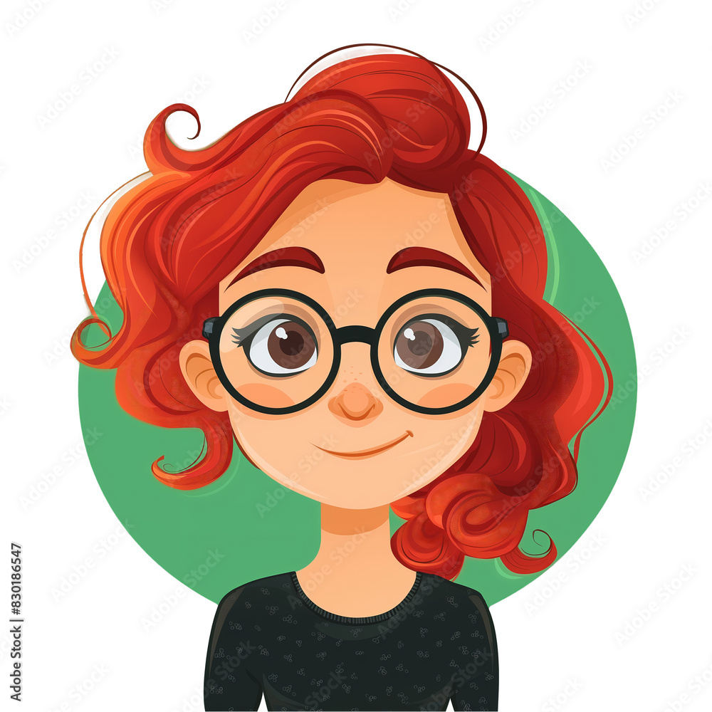 latina girl with red hair wearing glasses . Clipart PNG image . Transparent background . Cartoon vector style