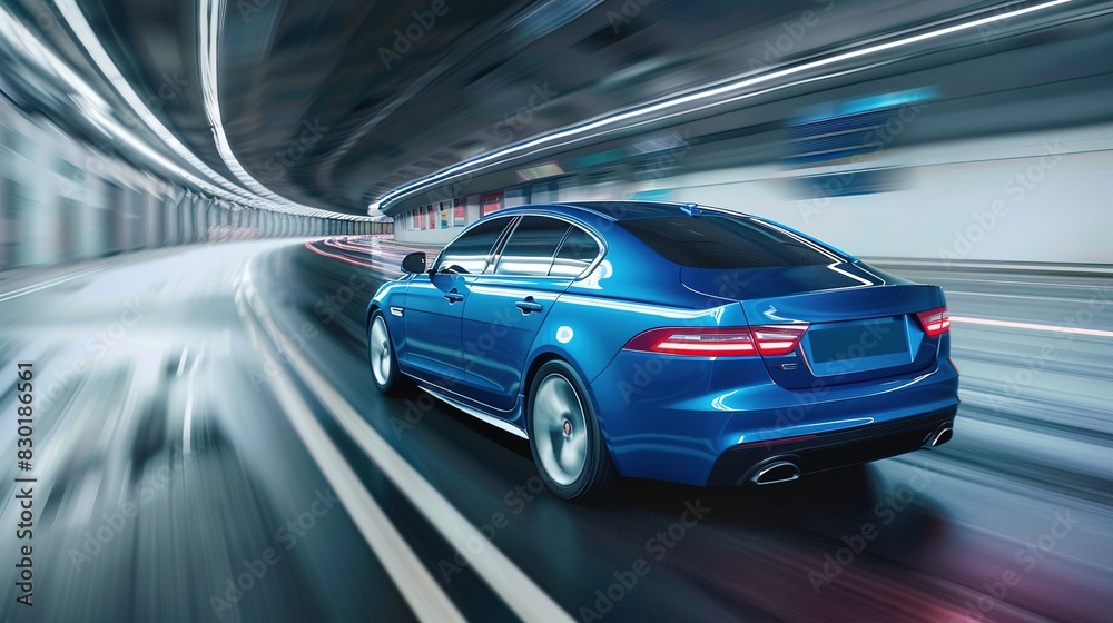 Rear view of a blue business car speeding through a turn. The blue car rushes along a high-speed highway with motion blur Rear view of a blue business car speeding through a turn. The blue car rushes along a high-speed highway with motion blur