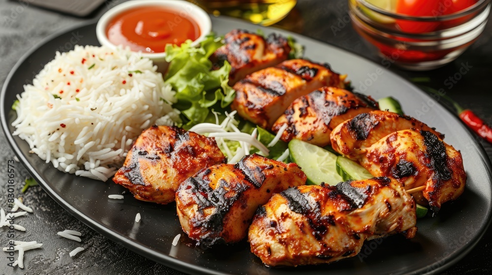Flavorful Chicken Tikka served with rice and salad on a black plate Grilled chicken accompanied by rice sauce salad and ketchup on a table Flavorful Chicken Tikka served with rice and salad on a black plate Grilled chicken accompanied by rice sauce salad and ketchup on a table