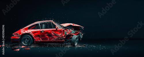 Carro esportivo vermelho batido, veículo destruído, fundo preto  photo