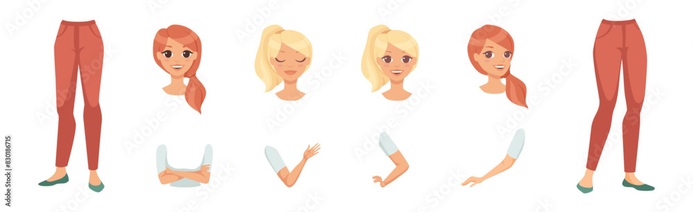 Obraz premium Woman Arm, Legs and Head as Character Constructor with Separated Body Part Vector Set
