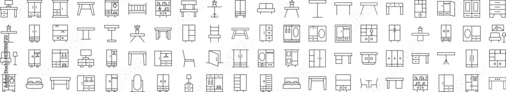 Collection of Icons of Tables and Closets for Shops and Stores. Suitable for books, stores, shops. Editable stroke in minimalistic outline style. Symbol for design Collection of Icons of Tables and Closets for Shops and Stores. Suitable for books, stores, shops. Editable stroke in minimalistic outline style. Symbol for design