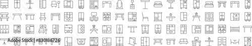 Collection of Icons of Tables and Closets. Suitable for books, stores, shops. Editable stroke in minimalistic outline style. Symbol for design