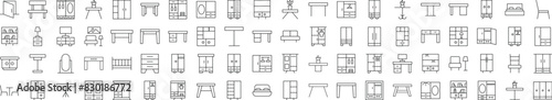 Collection of Line Signs of Tables and Closets. Suitable for books, stores, shops. Editable stroke in minimalistic outline style. Symbol for design