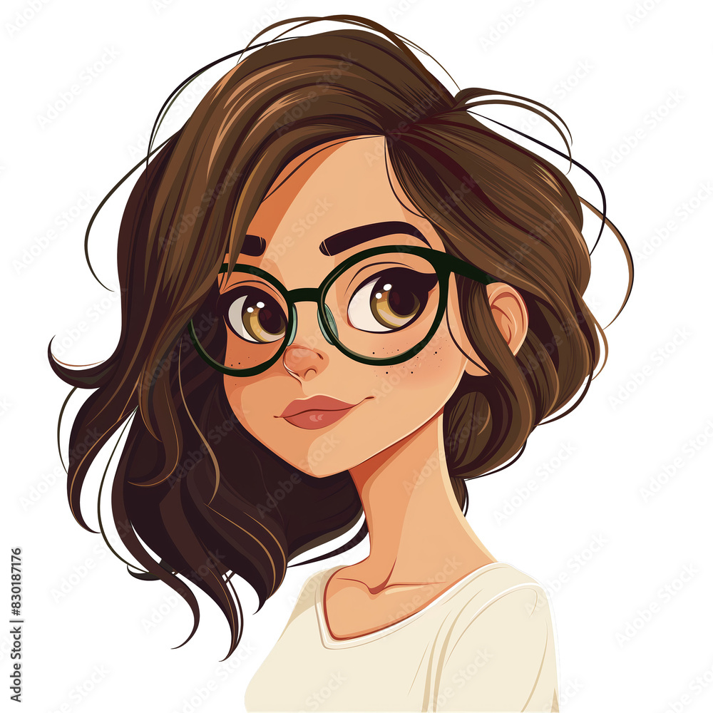 Fototapeta premium latina girl with brown hair wearing glasses . Clipart PNG image . Transparent background . Cartoon vector style