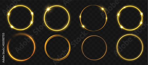 Gold circles frame with glitter light effect. A golden flash flies in a circle in a luminous ring.