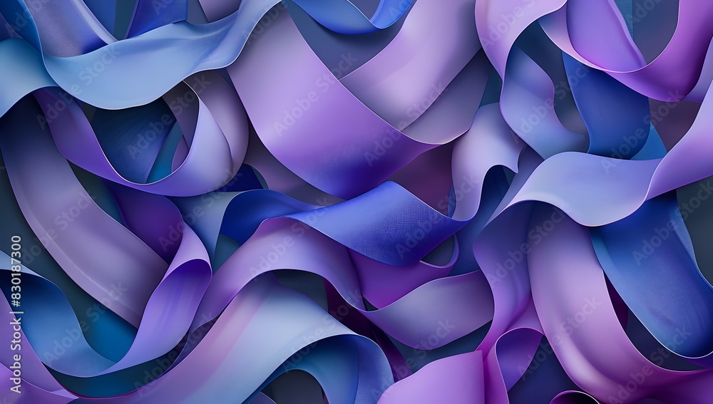 abstract background with purple and blue colors, a large number of interwoven ribbons of fabric forming an abstract circular pattern, creating the illusion that they form two semicircular shapes in fr abstract background with purple and blue colors, a large number of interwoven ribbons of fabric forming an abstract circular pattern, creating the illusion that they form two semicircular shapes in fr