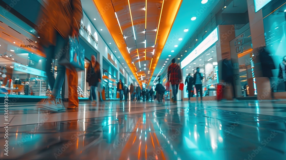 Blurred background of a modern shopping mall with some shoppers. Shoppers walking at the shopping center, motion blur. Abstract motion-blurred shoppers with shopping bags