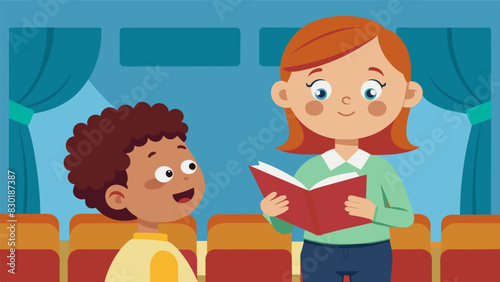 As part of a buddy reading program a thirdgrade student reads a simple story to a kindergartener in the school auditorium using expressive gestures and voices to bring the story to. Vector